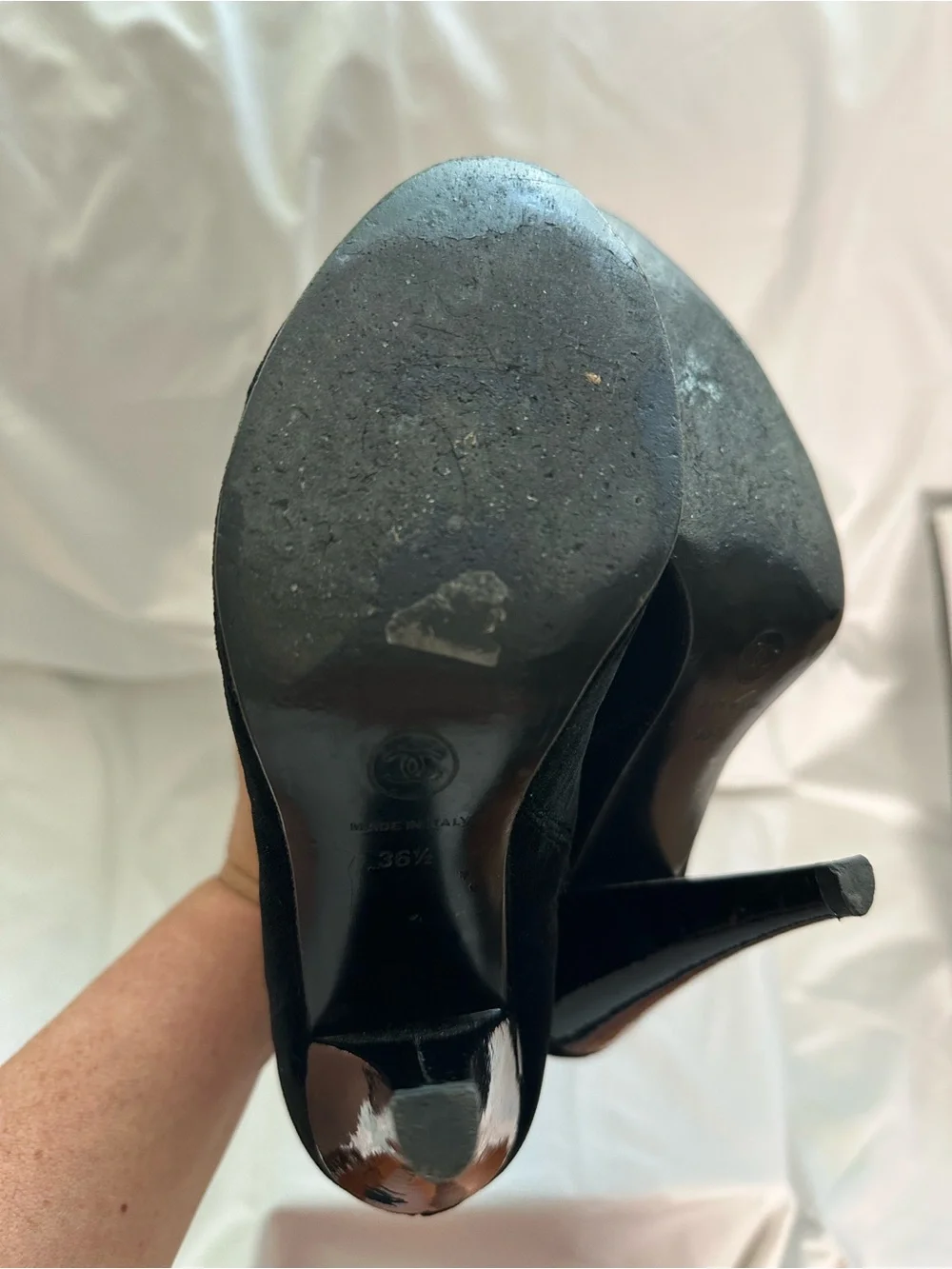 CHANEL Black Velvet Patent Leather Knee High Boots EU 36.5